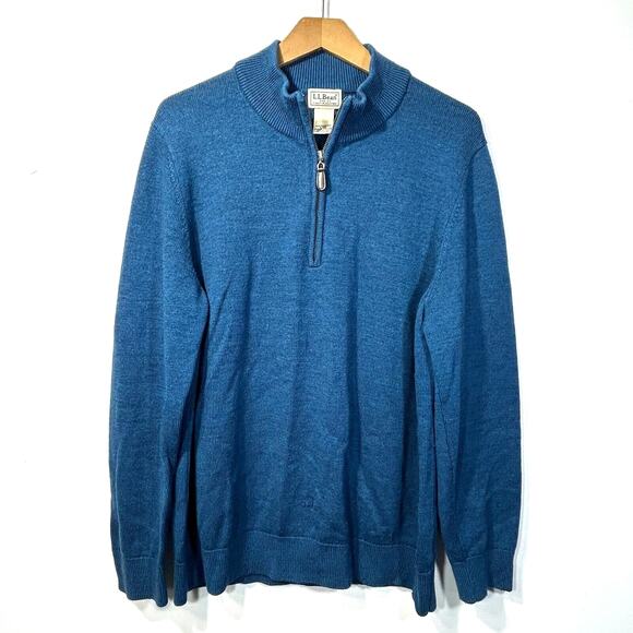 LL Bean 1/4 Zip Merino Wool Sweater Mens L Pullover Blue Repair Lower Front